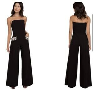 Black Halo Eve Carmine Black Strapless Jumpsuit Wide Legs Leopard Pockets Sz 14